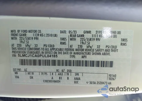 2023 Lincoln Corsair Standard z USA, uszkodzony, nr VIN 5LMCJ1CA0PUL04185